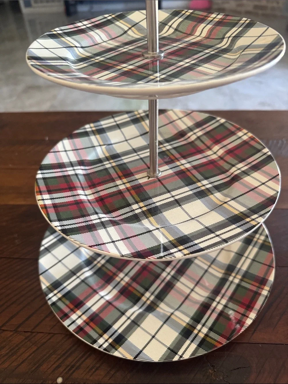 Pottery Barn Plaid 3-Tier Serving Stand - White, Red, Green, Black